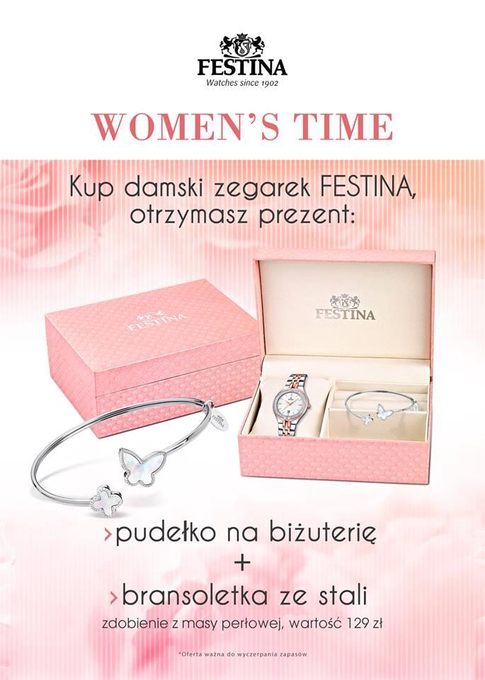 Pudełko na biżuterię i bransoletka ze stali gratis przy zakupie damskiego zegarka FESTINA
