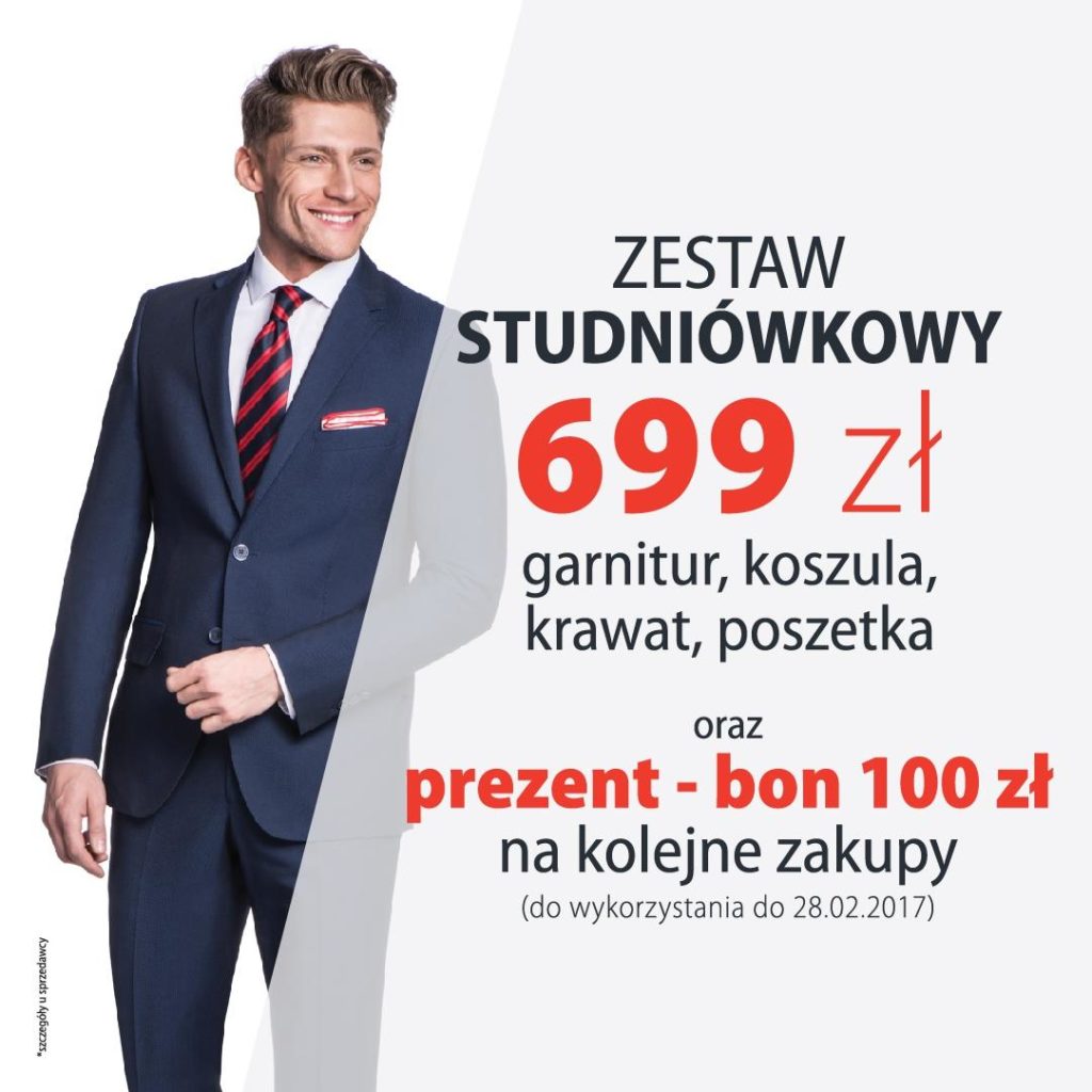 Promocja studniówkowa! Zestaw garnitur, koszula, krawat, poszetka za 699 zł